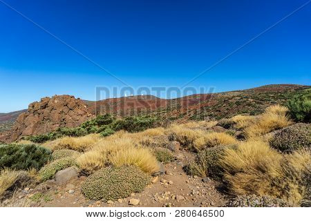 Desert Landscape In The Vicinity Of The Teide Volcano. Viewpoint: Mirador Caramujo. In The Backgroun