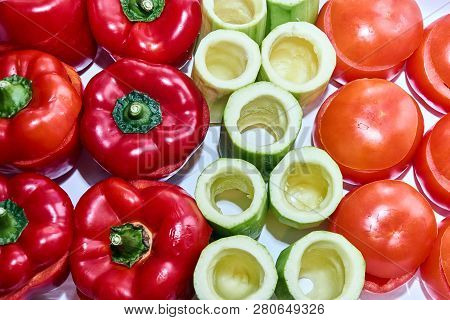 Gemista, A Dish Of Greek Cuisine, Paprika, Cucumbers And Tomatoes Prepared For Stuffing