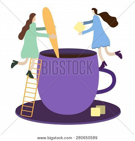 Tiny People Metaphor, Tiny People Make Tea In A Big Cup Of A Giant, Add Cane Sugars Stir It With A S