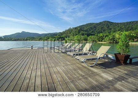 Beach Chair With Island Background, Koh Chang, Trad Province, Thailand.