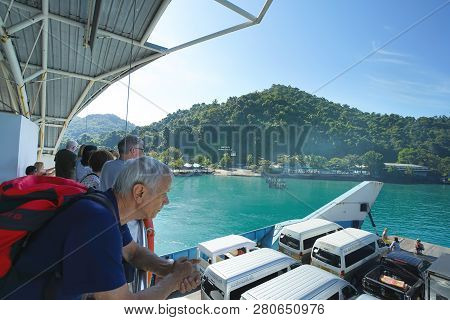 Trad, Thailand - December 04, 2018: Tourists And Cars On Ferry Boat To Koh Chang, Trad Province, Tha