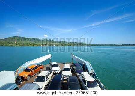 Trad, Thailand - December 04, 2018: A Lot Of Cars On Ferry Boat To The Popular Travel Destination Ko