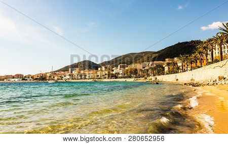 Ajaccio Old City Center Coastal Cityscape With Palm Trees And Typical Old Houses, Corsica, France, M
