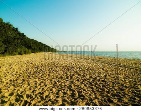 Sandy Beach Beach Of Baltic Sea In Morning, Poland. Tourism And Natrure Concept.
