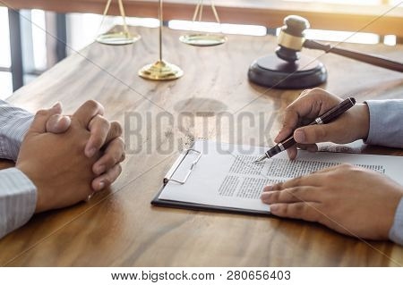 Law, Lawyer Attorney And Justice Concept, Consultation Between A Male Lawyer And Client, Giving Advi
