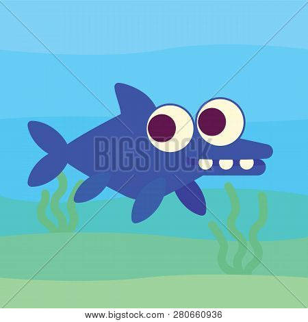 Cute Ichthyosaur Swimming. Dinosaur Life. Vector Illustration Of Prehistoric Character In Flat Carto