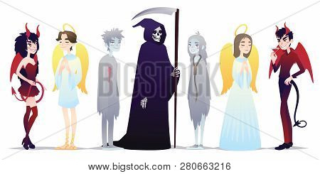 Halloween Characters In Cartoon Style. Vector Illustration Of Group Of Young People Dressed Up For H