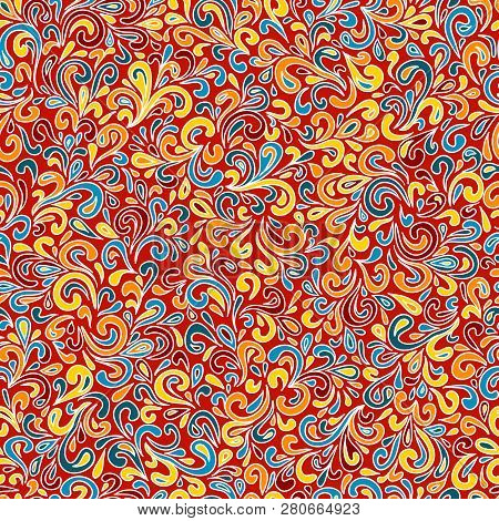 Vector Abstract Hand Drawn Leafy Doodle Bright Colored Seamless Pattern.