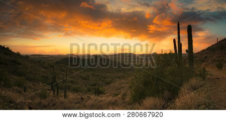 A Panorama Featuring A Sunset In The Desert Outside Of Phoenix, Az.  This Image Looks To The West Wi