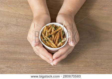 Woman's Hand Holding Disposable Cup Which Containing Bamboo Caterpillar, Worm Fried Crispy For Take-