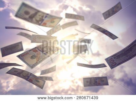 Raining Money From The Sky, American Dollar Bills Falling Everywhere. Concept Of Wealth, Making Easy