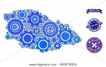 Map Of Gozo Island Composed With Blue Wheel Symbols, And Isolated Grunge Stamps For Official Repair 