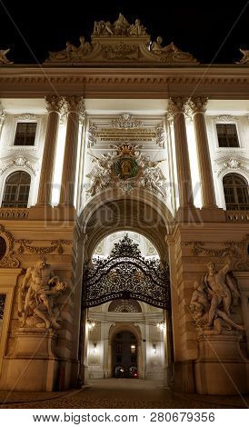 View Of Hofburg Imperial Palace Facade Exterior With Heldenplatz, Vienna Old Town Historic Center, A