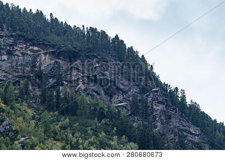 Mountains, Peaks, Lake, Everlasting Ice And Trees Landscape. Kaunertaler Gletscher Natural Environme