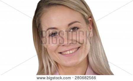 Perfect Natural Lip Makeup Beautiful Female Blonde Woman On White Background.
