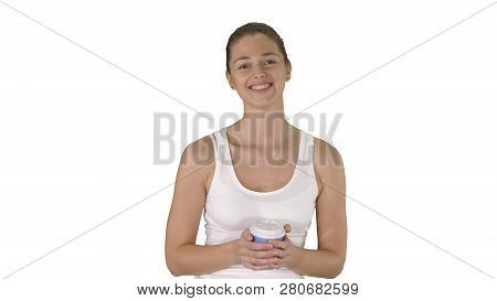 Attractive Casual Young Woman Talking And Holding A Take Away Coffee On White Background.
