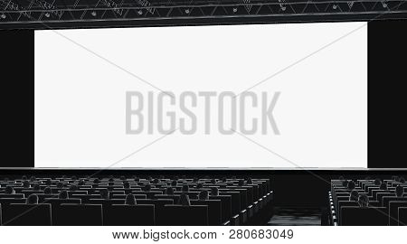 Cinema Hall With Audience Watching On Blank Monitor Mockup, Right Side View, 3d Rendering. Empty Cin