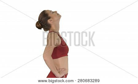 Female Walking And Doing Neck Stretching Exercise To Release Build Up Tension On White Background.
