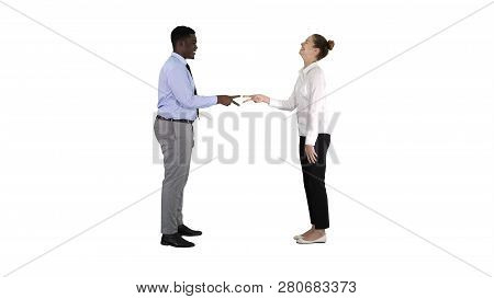 Rock, Paper, Scissors Game Woman Being Late On White Background.