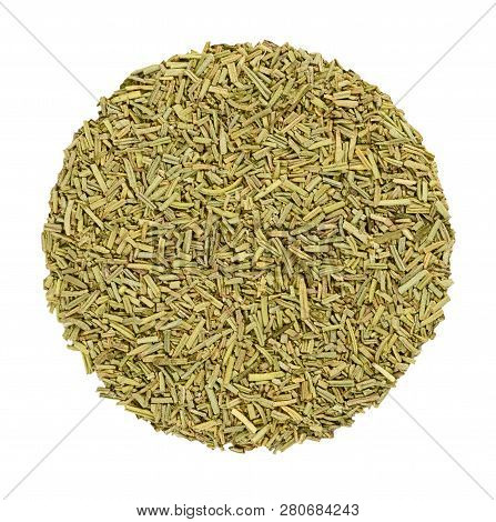Dried Rosemary. Herb Circle From Above, Isolated, Over White. Disc Made Of Sliced Needle Like Leaves