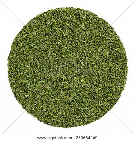 Dried Dill Fronds. Herb Circle From Above, Isolated, Over White.disc Made Of Shredded Green Leaves O
