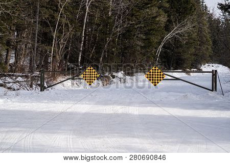 A Seasonal Road Closure Gate In Banff National Park Canada Along The Bow Valley Parkway Prevents Tou