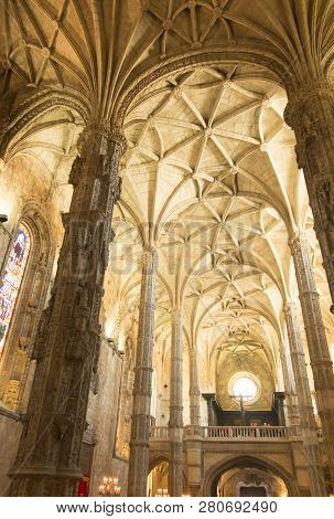 Lisbon, Portugal, June 16, 2018: Detail Of The Inside Of The Jeronimos Monastery Or Abbey In Lisbon,