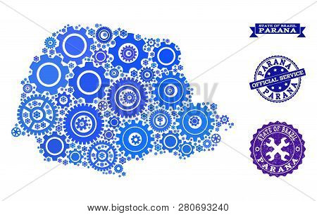 Map Of Parana State Designed With Blue Gear Symbols, And Isolated Rubber Seals For Official Repair S