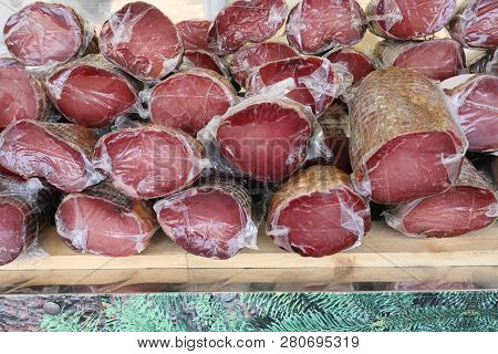 Many Smoked Cold Cuts For Sale At Italian Kiosk