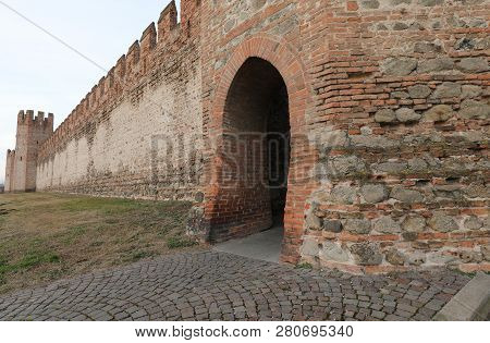 Brick Wall Of The Walls Used In The Middle Ages To Defend The Town Of Montagnana Near Padua City  In