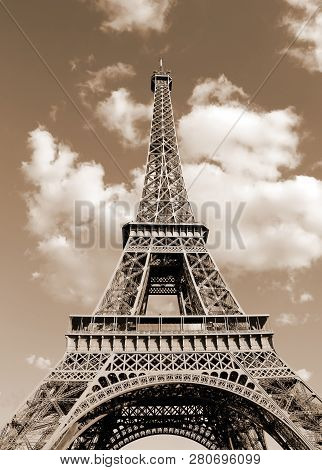 Eiffel Tower Also Called Tour Eiffel In French Language With Toned Vintage Sepia Effect