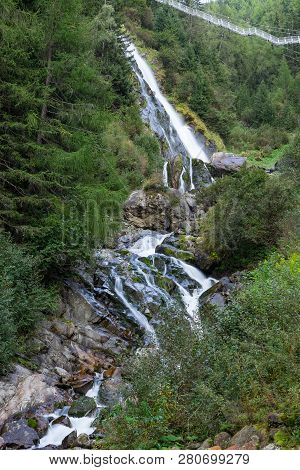 Mountain River And Trees Landscape, Natural Environment. Hiking In The Alps. Oetztal Valley Mountain