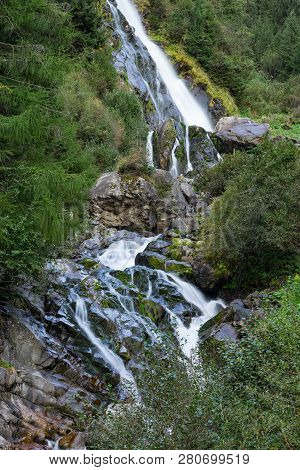 Mountain River And Trees Landscape, Natural Environment. Hiking In The Alps. Oetztal Valley Mountain