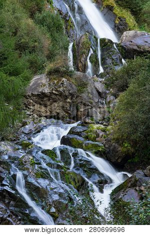 Mountain River And Trees Landscape, Natural Environment. Hiking In The Alps. Oetztal Valley Mountain
