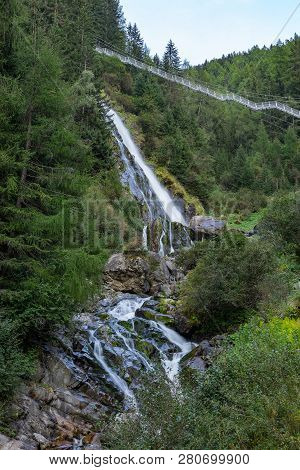 Mountain River And Trees Landscape, Natural Environment. Hiking In The Alps. Oetztal Valley Mountain
