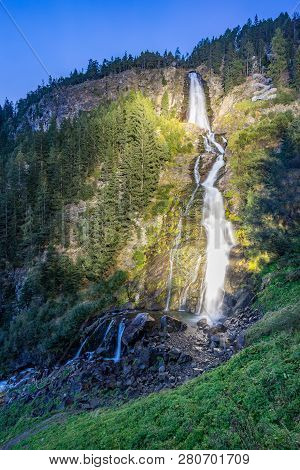 Mountain River And Trees Landscape, Natural Environment. Hiking In The Alps. Oetztal Valley Mountain