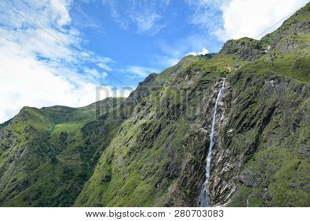 View Of The Waterfall On The Way To Amjilosa Village. Kangchenjunga, Great Himalaya Trail In Nepal.