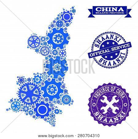 Map Of Shaanxi Province Formed With Blue Gear Items, And Isolated Grunge Seals For Official Repair S