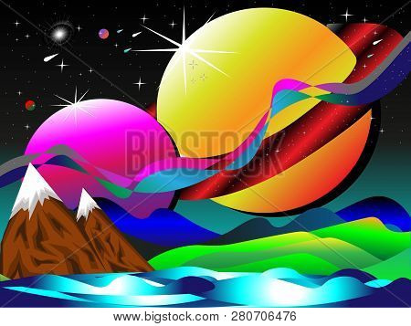 Colorful Space Galaxy Background With Bright Stars, Planets, Mountains, All In Vector For Works Of A