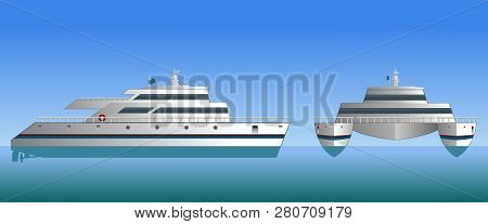 Vector Illustration Of A Catamaran. Design Of A Sea Ship. Sea Catamaran On A Blue Background.