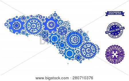 Map Of Sumba Island Composed With Blue Gear Symbols, And Isolated Scratched Seals For Official Repai