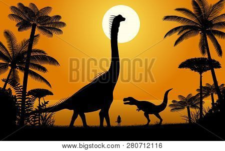 Silhouettes Of Dinosaurs. Two Dinosaurs On Sunset Background. Vector Illustration.