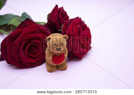 Roses On A Pink Background, A Bouquet Of Red Roses. Valentine's Day, Happy Mother's Day. Happy Women