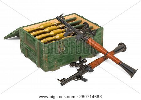 Anti-tank Guided Missiles With Ammo Crate Full Of Rockets. 3d Rendering Isolated On White Background