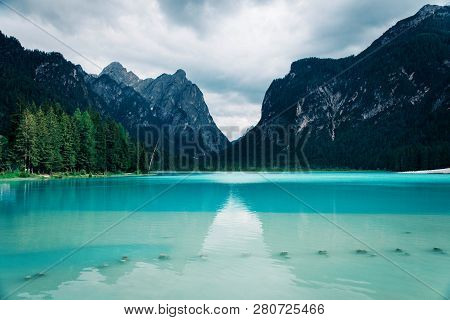 Dobbiaco Lake In The Dolomites Alps, Summer Landscape, Bolzano, Italy.