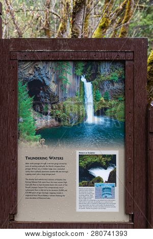 Toketee Falls, Oregon - April 19, 2014:  An Informational Sign Showing How Toketee Falls And The Sur