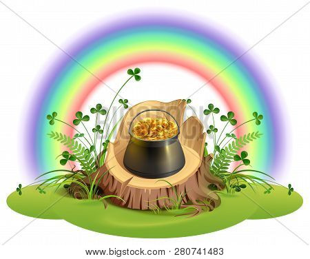 St. Patrick Day. Pot Of Gold Coins On Stump Under Rainbow