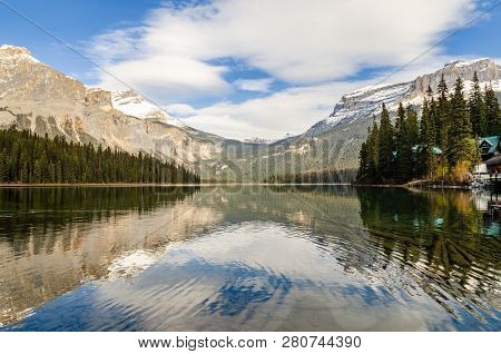 Stunning Nature View Of Emerald Lake With Rocky Mountain Reflection In Yoho National Park, British C