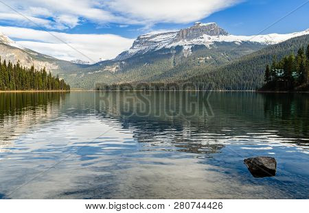 Winter View Of Emerald Lake With Rocky Mountain Reflection In Yoho National Park, British Columbia, 