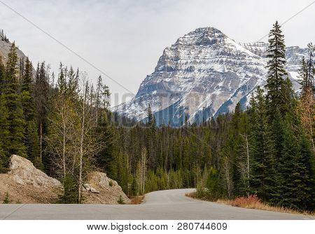 Scenery Road View Of Snow Capped Rocky Mountain In Yoho National Park, British Columbia, Canada